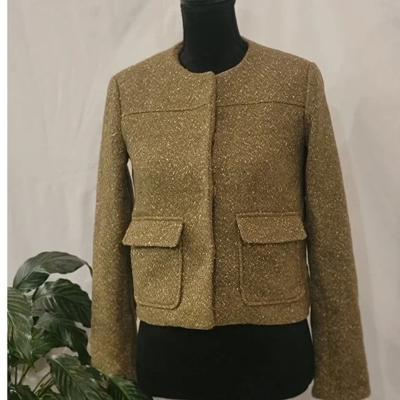A New Day Gold Metallic Tweed Cropped Jacket Womens 2 Olive Green Shimmer Button - Picture 2 of 7